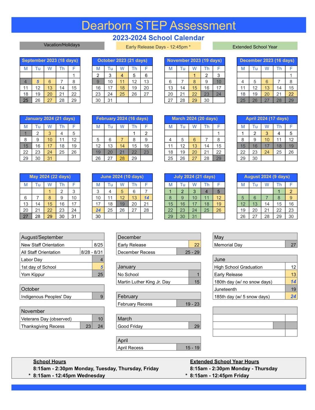 Dearborn STEP 2023-2024 school year calendar